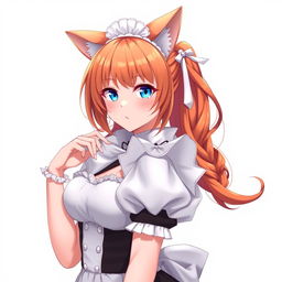 A sexy adult anime girl in a stylish maid costume, featuring alluring blue eyes and vibrant orange hair, complemented by cute cat ears