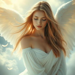 A mystical scene depicting an ethereal angelic woman gracefully losing her wings, with delicate feathers cascading around her in soft light