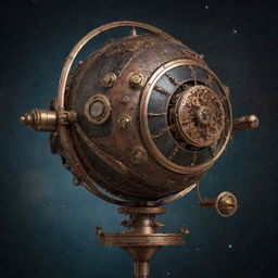 An image of a steampunk satellite, adorned with brass and copper gears, pipes and Victorian-style embellishments. It stands against the backdrop of the starry space, accentuating the retro-futuristic juxtaposition.