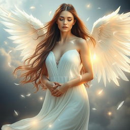 A mystical scene depicting an ethereal angelic woman gracefully losing her wings, with delicate feathers cascading around her in soft light