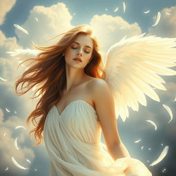 A mystical scene depicting an ethereal angelic woman gracefully losing her wings, with delicate feathers cascading around her in soft light