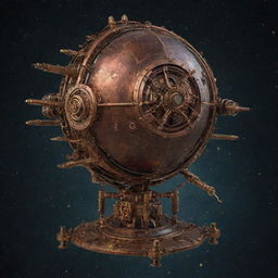 An image of a steampunk satellite, adorned with brass and copper gears, pipes and Victorian-style embellishments. It stands against the backdrop of the starry space, accentuating the retro-futuristic juxtaposition.