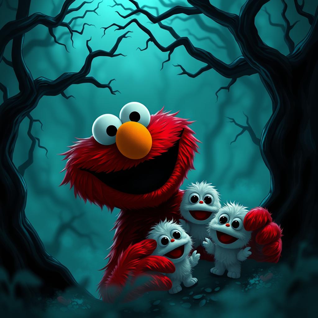 Elmo, the cheerful red character from Sesame Street, depicted in a surreal dark and creepy setting, where he is humorously eating cute Poros from League of Legends