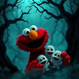 Elmo, the cheerful red character from Sesame Street, depicted in a surreal dark and creepy setting, where he is humorously eating cute Poros from League of Legends