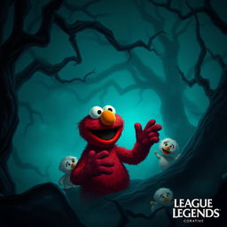 Elmo, the cheerful red character from Sesame Street, depicted in a surreal dark and creepy setting, where he is humorously eating cute Poros from League of Legends