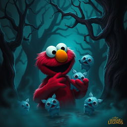 Elmo, the cheerful red character from Sesame Street, depicted in a surreal dark and creepy setting, where he is humorously eating cute Poros from League of Legends