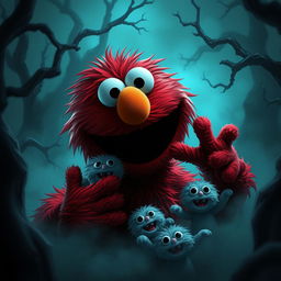 Elmo, the cheerful red character from Sesame Street, depicted in a surreal dark and creepy setting, where he is humorously eating cute Poros from League of Legends