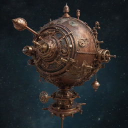 An image of a steampunk satellite, adorned with brass and copper gears, pipes and Victorian-style embellishments. It stands against the backdrop of the starry space, accentuating the retro-futuristic juxtaposition.