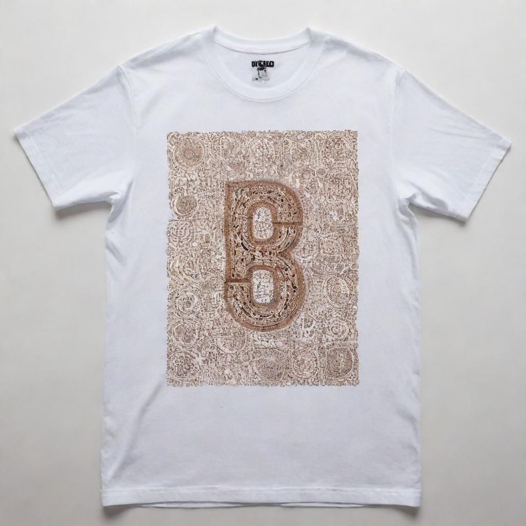 An grungy white t-shirt showcasing the bold text 'B H U L D A Z' across the front. The t-shirt is decorated with various intricate designs, providing a stark contrast to its dirty white background.