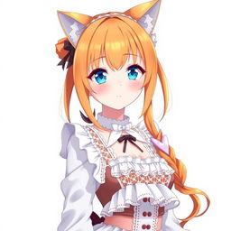 A full-length depiction of a sexy adult anime girl in a stylish maid costume, characterized by striking blue eyes and vibrant orange hair topped with cute cat ears