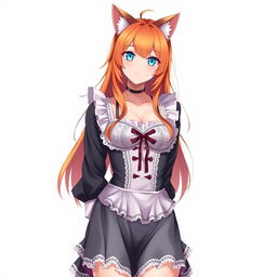 A full-length depiction of a sexy adult anime girl in a stylish maid costume, characterized by striking blue eyes and vibrant orange hair topped with cute cat ears