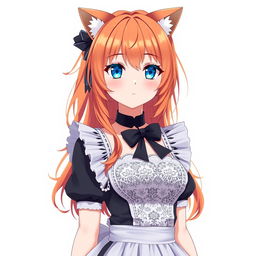 A full-length depiction of a sexy adult anime girl in a stylish maid costume, characterized by striking blue eyes and vibrant orange hair topped with cute cat ears