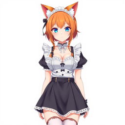 A full-length depiction of a sexy adult anime girl in a stylish maid costume, characterized by striking blue eyes and vibrant orange hair topped with cute cat ears