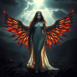 A stunning fallen angel woman with intricately designed, burned wings, embodying a fantasy realm