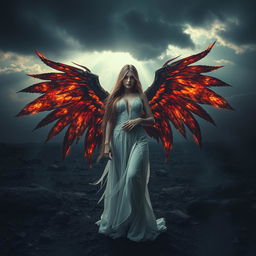 A stunning fallen angel woman with intricately designed, burned wings, embodying a fantasy realm