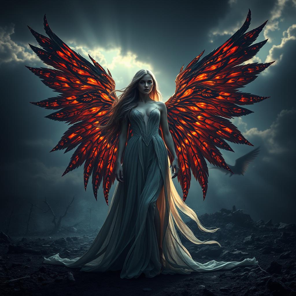 A stunning fallen angel woman with intricately designed, burned wings, embodying a fantasy realm