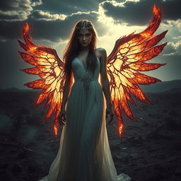 A stunning fallen angel woman with intricately designed, burned wings, embodying a fantasy realm