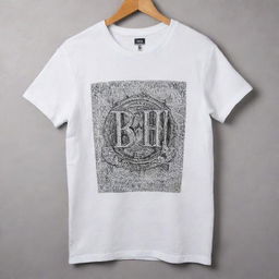 An grungy white t-shirt showcasing the bold text 'B H U L D A Z' across the front. The t-shirt is decorated with various intricate designs, providing a stark contrast to its dirty white background.