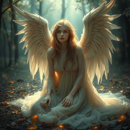 A fallen angel woman, depicted with ethereal beauty, her once majestic wings now tattered and partially lost, embodying a sense of sorrow and longing