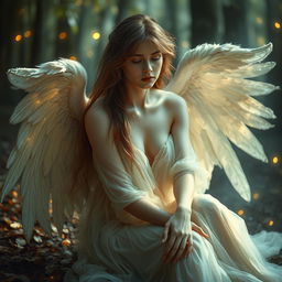 A fallen angel woman, depicted with ethereal beauty, her once majestic wings now tattered and partially lost, embodying a sense of sorrow and longing