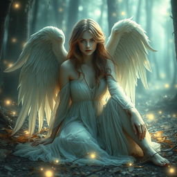 A fallen angel woman, depicted with ethereal beauty, her once majestic wings now tattered and partially lost, embodying a sense of sorrow and longing