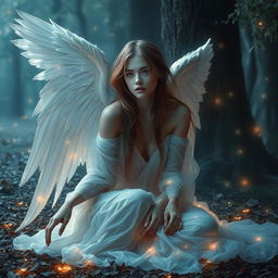 A fallen angel woman, depicted with ethereal beauty, her once majestic wings now tattered and partially lost, embodying a sense of sorrow and longing