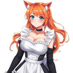 A sexy adult anime girl in a full-length maid costume, featuring large breasts, captivating blue eyes, and vibrant orange hair styled attractively