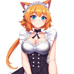 A sexy adult anime girl in a full-length maid costume, featuring large breasts, captivating blue eyes, and vibrant orange hair styled attractively