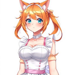 A sexy adult anime girl in a full-length maid costume, featuring large breasts, captivating blue eyes, and vibrant orange hair styled attractively