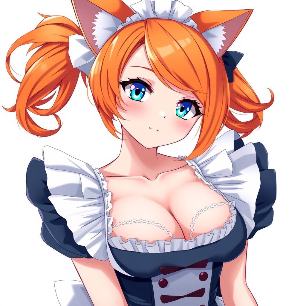 A sexy adult anime girl in a full-length maid costume, featuring large breasts, captivating blue eyes, and vibrant orange hair styled attractively