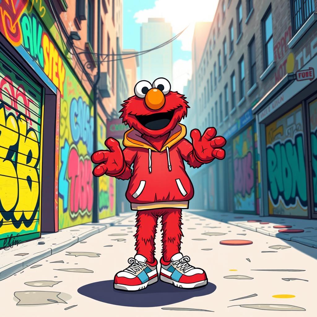 A whimsical and humorous illustration of a vibrant red character resembling Elmo, playfully adapted with a stylish twist, wearing urban streetwear including a colorful hoodie and sneakers