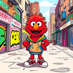 A whimsical and humorous illustration of a vibrant red character resembling Elmo, playfully adapted with a stylish twist, wearing urban streetwear including a colorful hoodie and sneakers