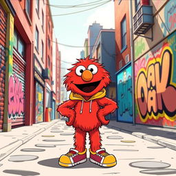 A whimsical and humorous illustration of a vibrant red character resembling Elmo, playfully adapted with a stylish twist, wearing urban streetwear including a colorful hoodie and sneakers