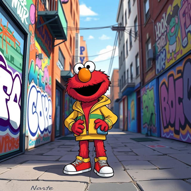 A whimsical and humorous illustration of a vibrant red character resembling Elmo, playfully adapted with a stylish twist, wearing urban streetwear including a colorful hoodie and sneakers