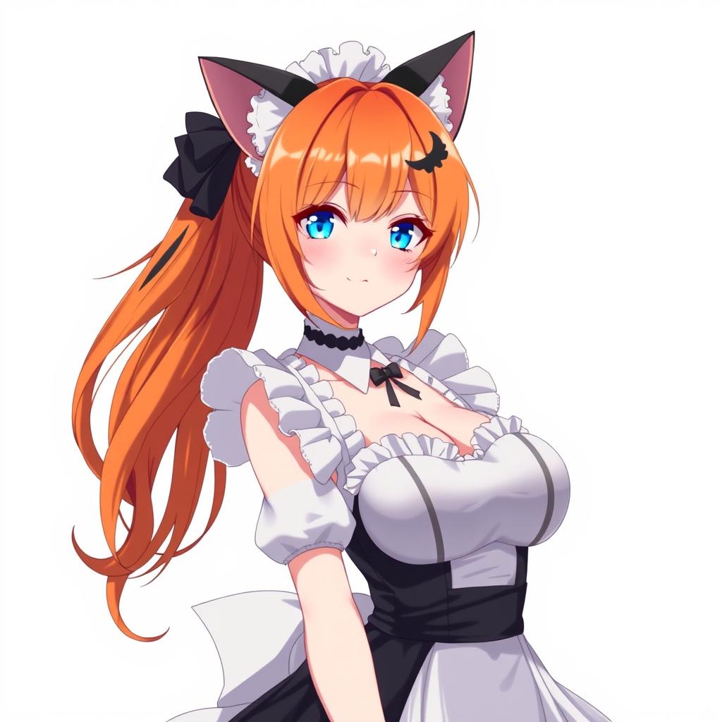 A sexy adult anime girl in a full-length maid costume, showcasing her attractive figure and large breasts