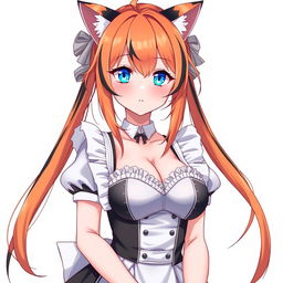 A sexy adult anime girl in a full-length maid costume, showcasing her attractive figure and large breasts