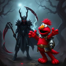 A humorous and unique clash between a vibrant red character resembling Elmo and Kayn from League of Legends in a dark fantasy setting