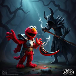 A humorous and unique clash between a vibrant red character resembling Elmo and Kayn from League of Legends in a dark fantasy setting