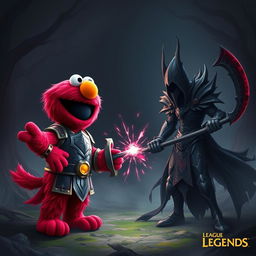 A humorous and unique clash between a vibrant red character resembling Elmo and Kayn from League of Legends in a dark fantasy setting