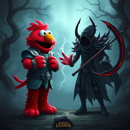 A humorous and unique clash between a vibrant red character resembling Elmo and Kayn from League of Legends in a dark fantasy setting