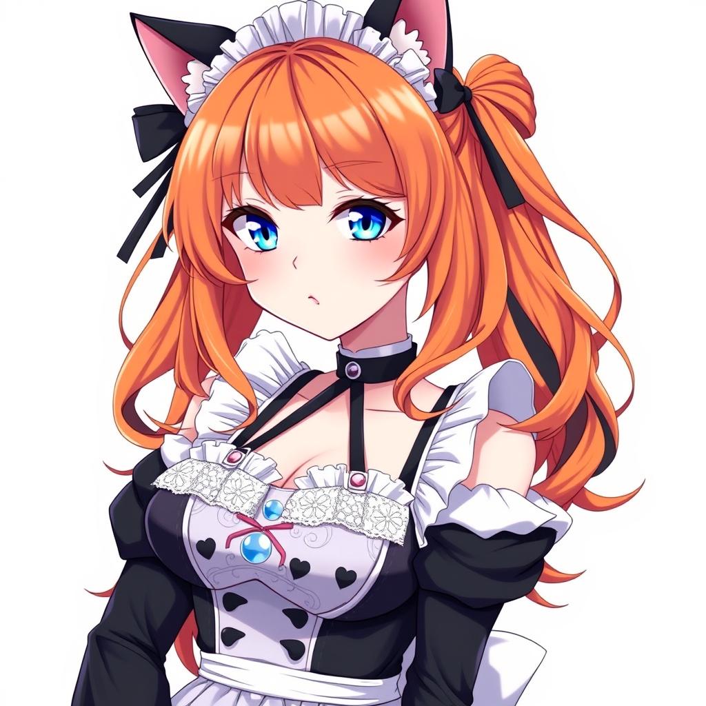 A sexy adult anime girl in a full-length maid costume, elegantly designed to showcase her attractive figure with large breasts