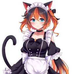 A sexy adult anime girl in a full-length maid costume, elegantly designed to showcase her attractive figure with large breasts