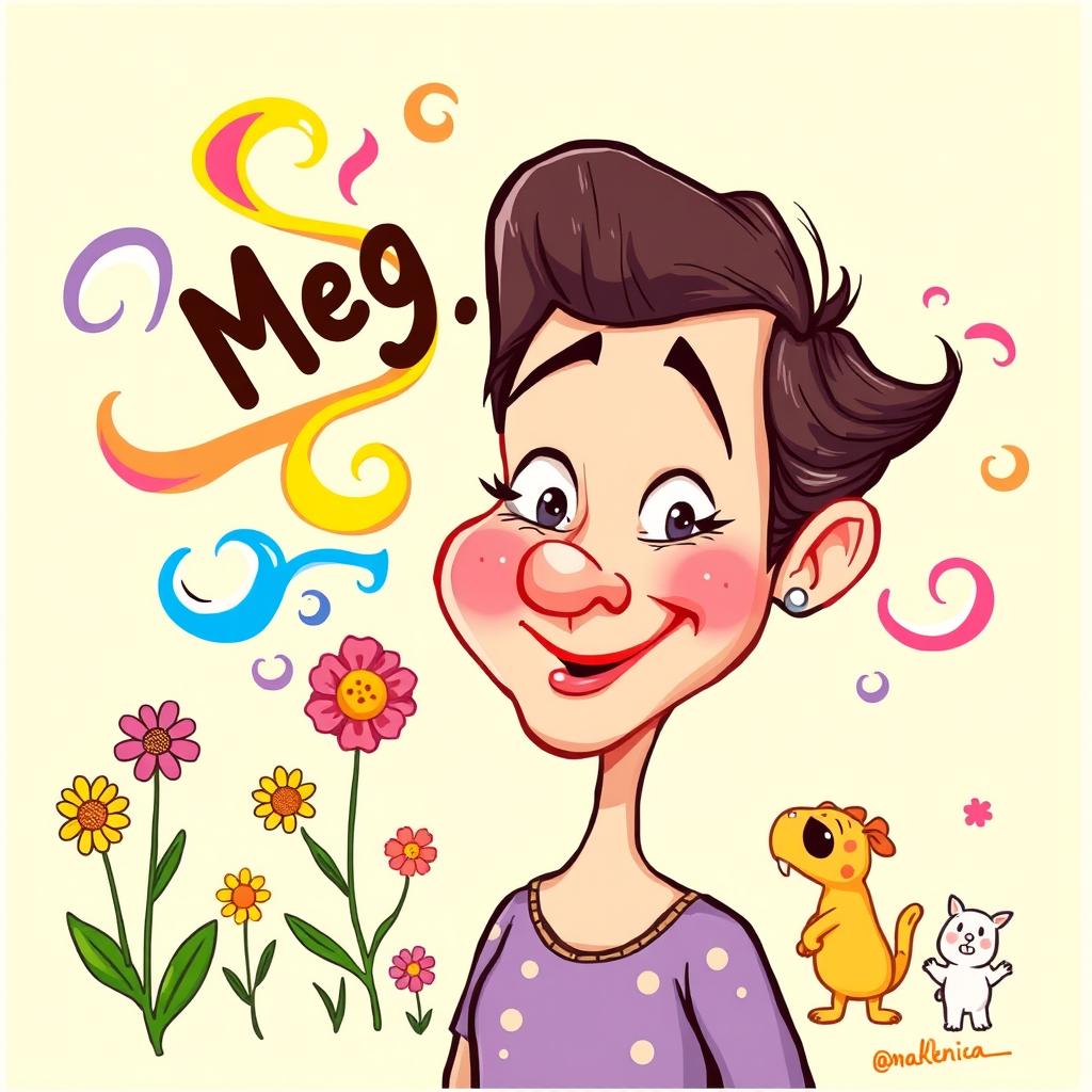 A humorous cartoon illustration depicting a character named Meg, portrayed with exaggerated features and a playful, comical expression