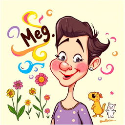 A humorous cartoon illustration depicting a character named Meg, portrayed with exaggerated features and a playful, comical expression