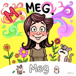 A humorous cartoon illustration depicting a character named Meg, portrayed with exaggerated features and a playful, comical expression