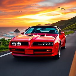 A stunning red Pontiac GTO Firebird parked on a scenic coastal road at sunset