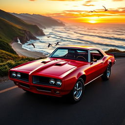 A stunning red Pontiac GTO Firebird parked on a scenic coastal road at sunset