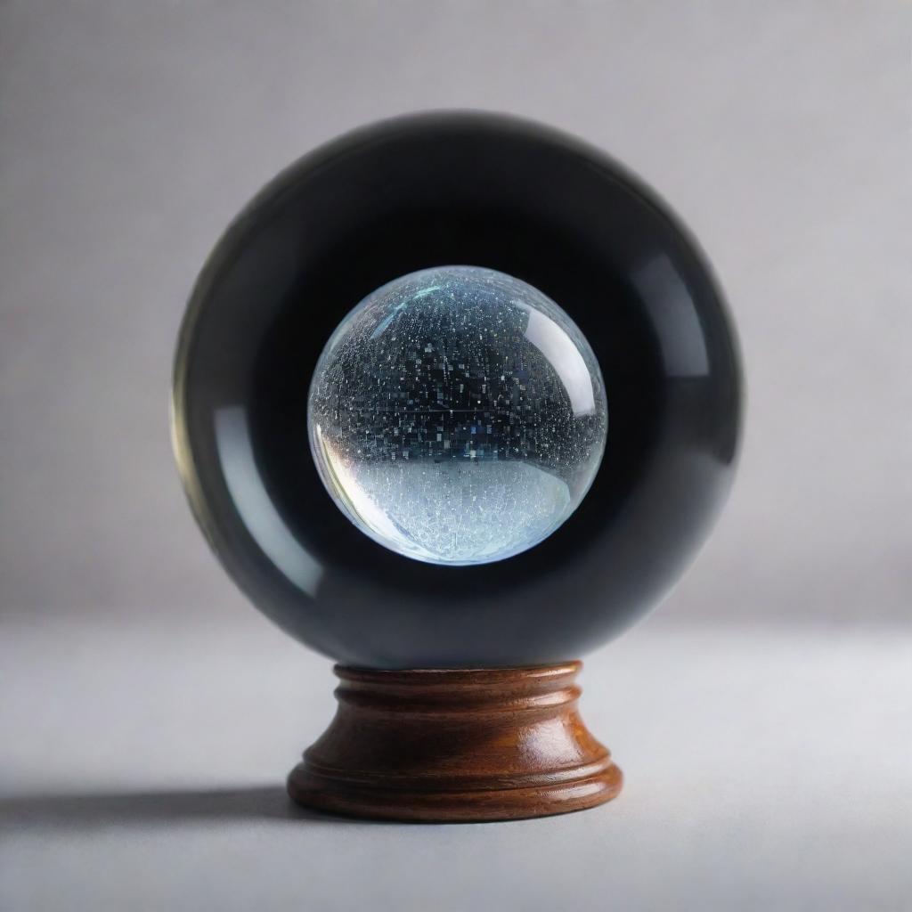 Visualize the identification of possible outcomes differently. Create an image of a crystal ball with various outcomes emerging from it like holographic projections - symbolizing foresight in decision-making.