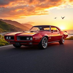 A stunning red Pontiac GTO Firebird parked on a scenic coastal road at sunset