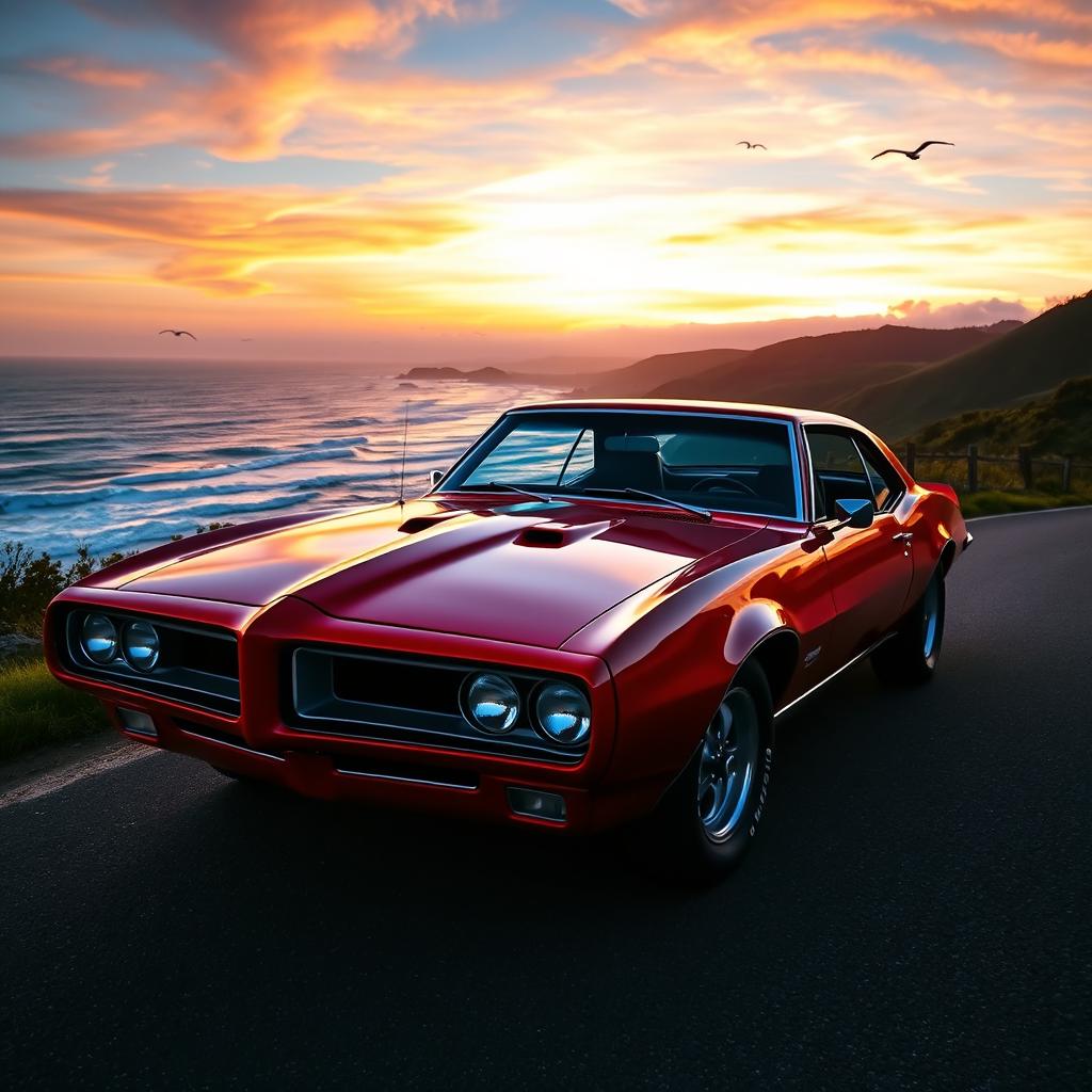 A stunning red Pontiac GTO Firebird parked on a scenic coastal road at sunset